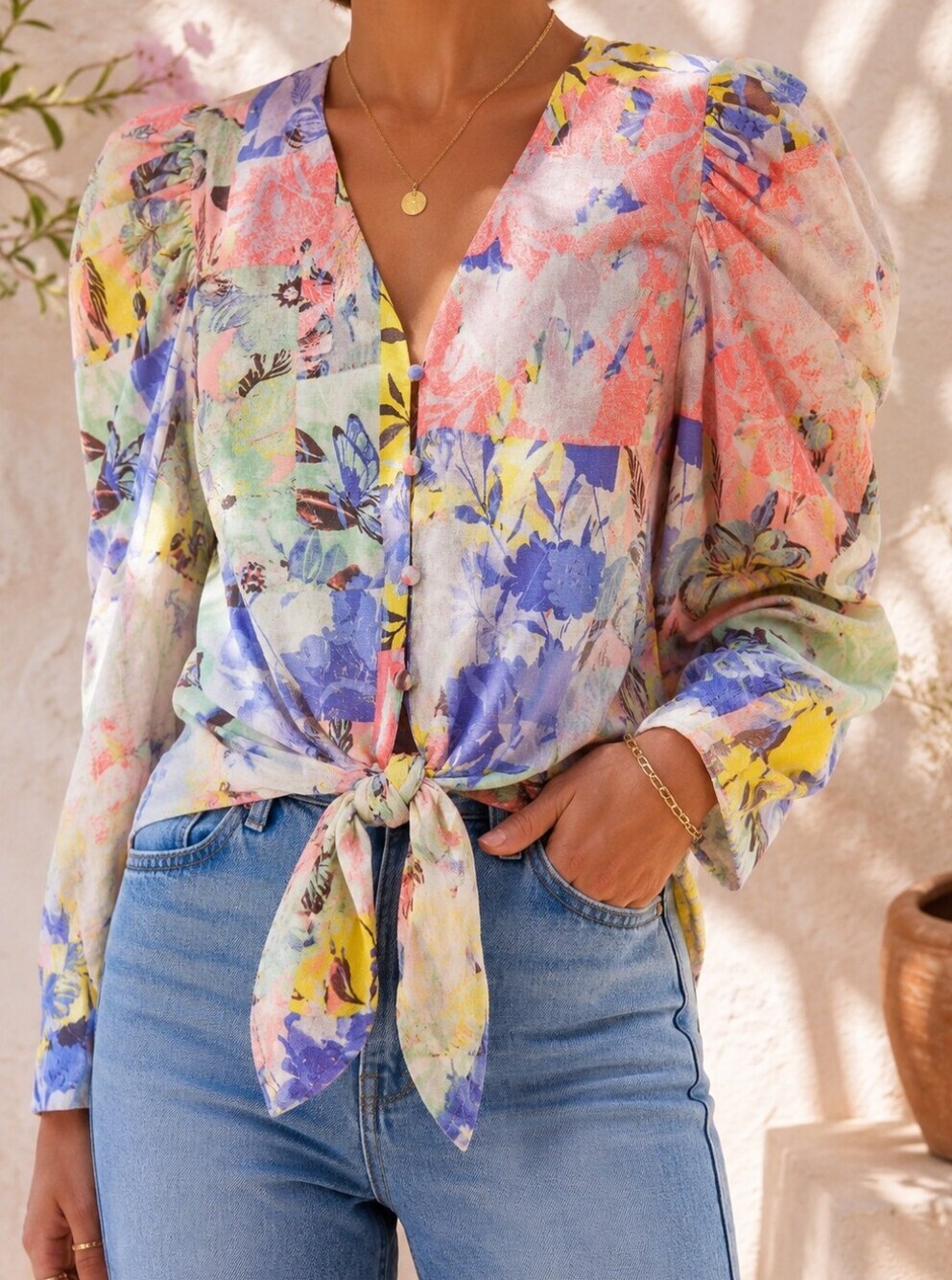 INC International Concepts NWT Linen Blend Tie Front Floral Butterfly Blouse
